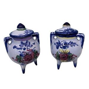 Lot Of 2 Vintage Vestal Alcobaça Pottery Sugar Bowl With Lid Blue White Floral